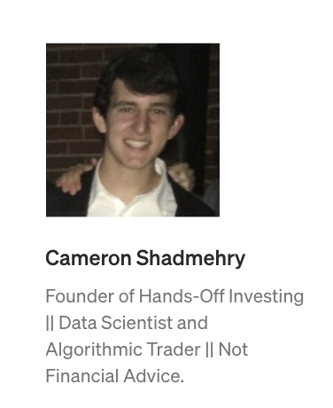数据科学家兼算法交易者Cameron Shadmehry