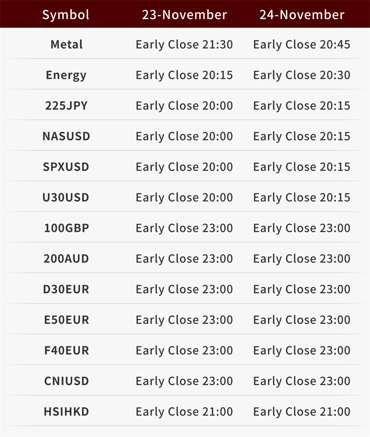 Holiday Trading Schedule