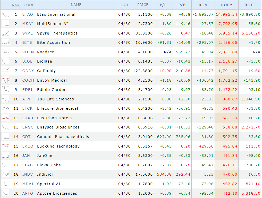 Ranking of Stocks with the Highest Return on Net Assets