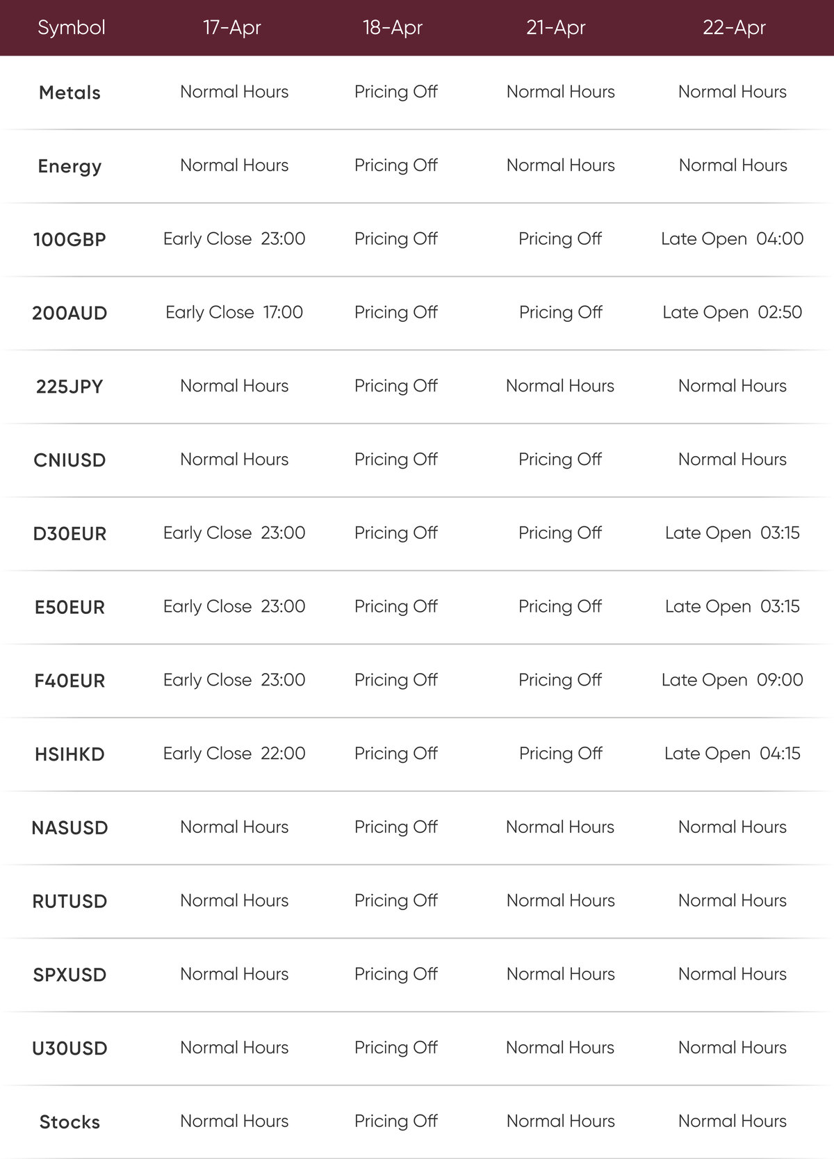 Holiday Trading Schedule