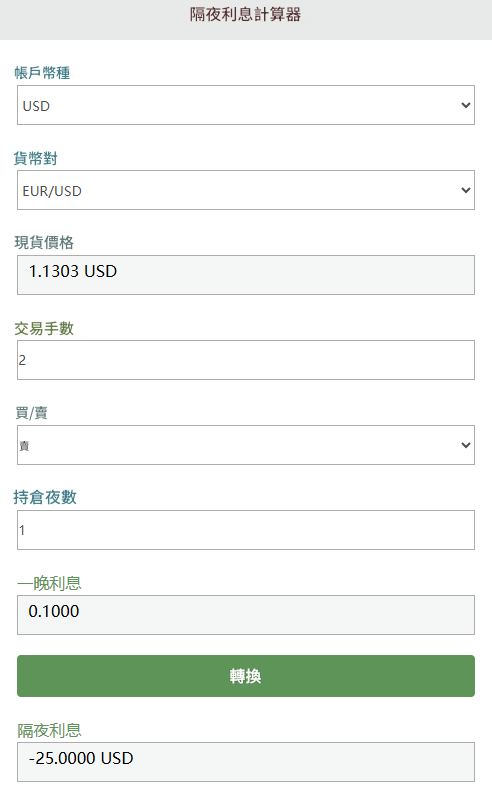 隔夜利息計算器模型範例