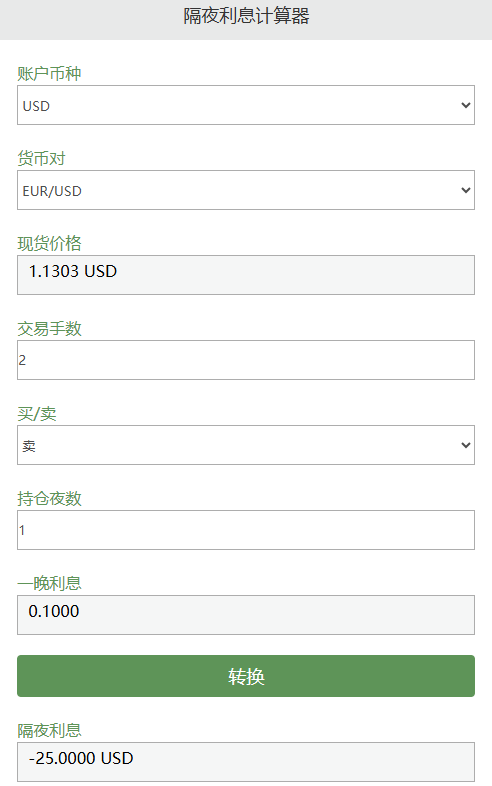 隔夜利息计算器模型示例