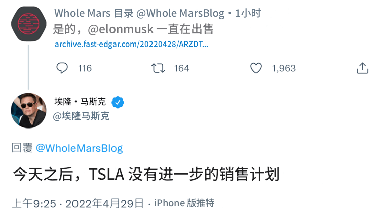 马斯克 2022年股票减持推文