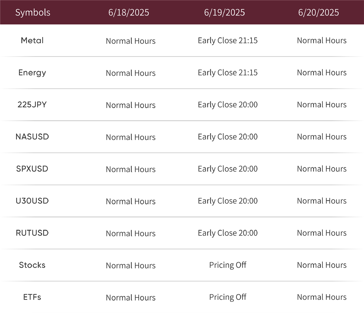 Holiday Trading Schedule