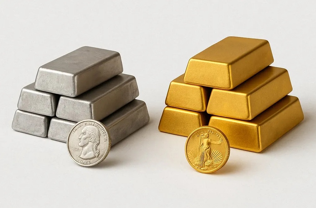 Gold and silver bars stacked with a gold coin and silver coin in front.