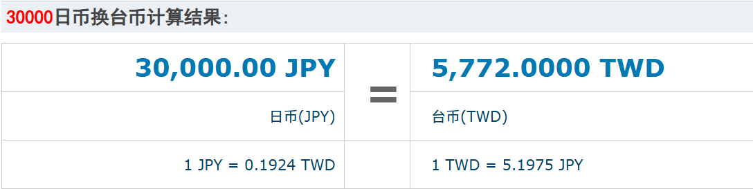 30000日币换台币计算（仅参考）