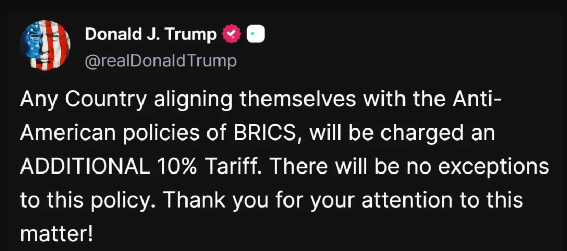 ทรัมป์ ขู่เก็บภาษีเพิ่ม 10% กลุ่ม BRICS - EBC