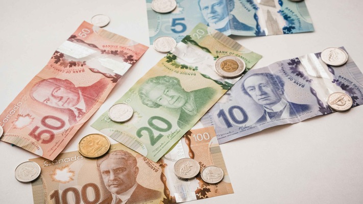 Billetes y monedas canadienses en circulación, incluyendo dólares y centavos con diseños emblemáticos como el “loonie” y el “toonie”