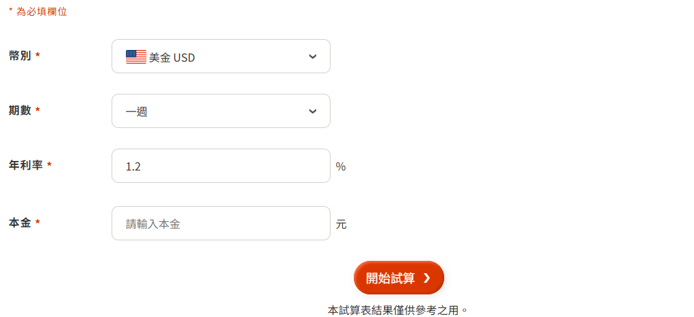 美金定存利率試算範例