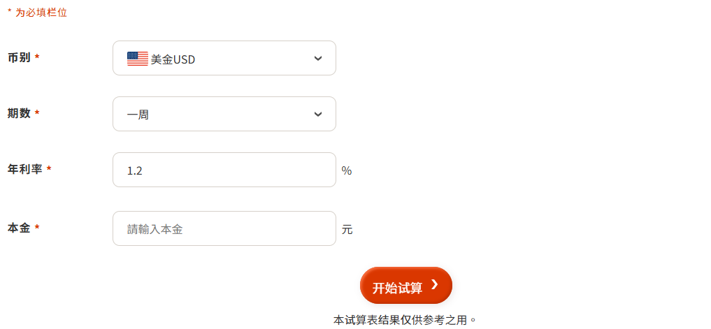 美金定存利率试算示例