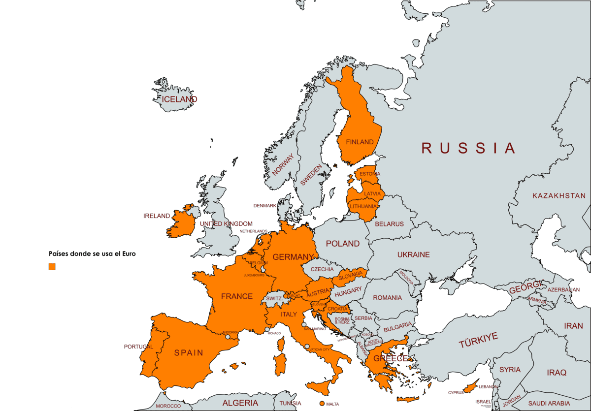 Mapa de Europa resaltando los países que usan la divisa euro