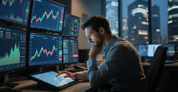 Trader analizando gráficos con emociones encontradas