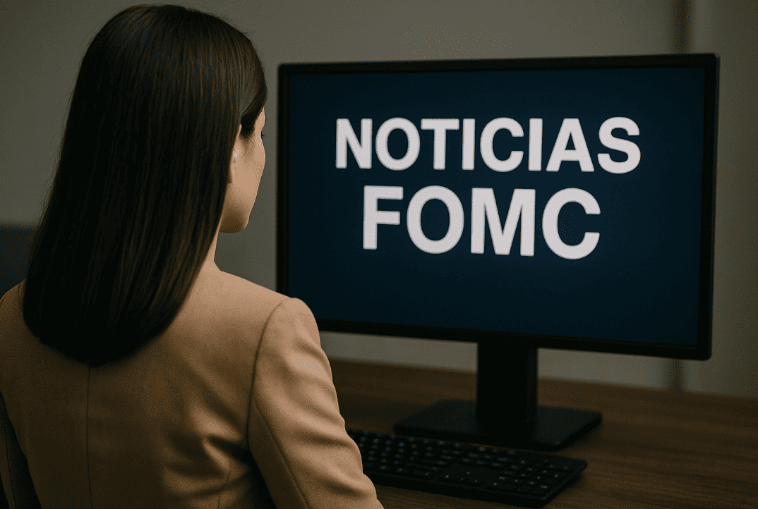 Mujer observando una pantalla de computadora con el texto "NOTICIAS FOMC", simbolizando el análisis de decisiones recientes del Comité Federal de Mercado Abierto