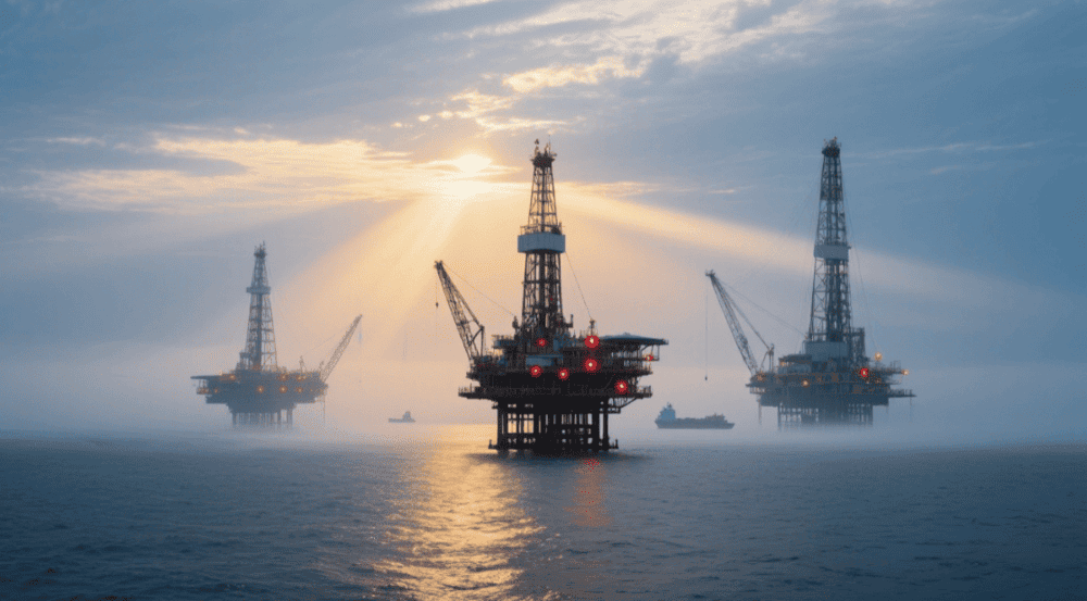 Plataformas de perforación petrolera en alta mar extrayendo crudo del fondo oceánico