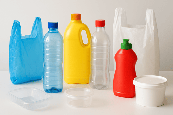 Productos plásticos derivados del petróleo sobre una mesa blanca