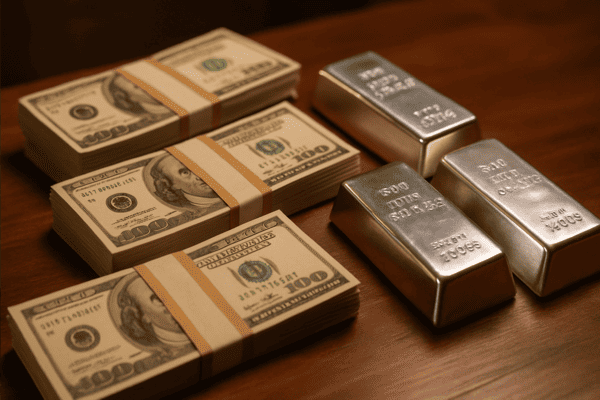 Lingotes de plata junto a dólares estadounidenses, influyentes en el precio de la plata
