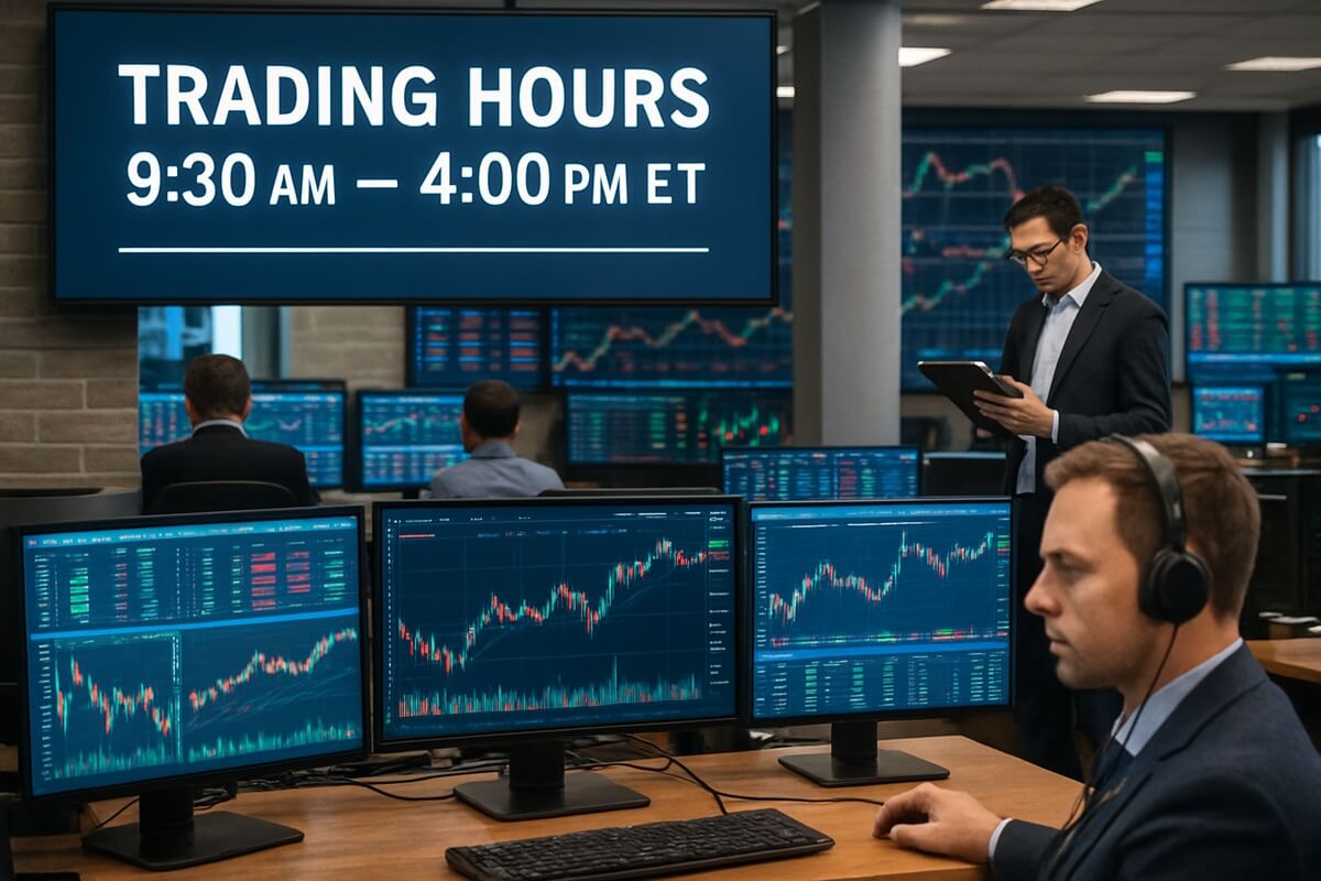 A financial team is concentrated on analysing the trading patterns on their screens.
