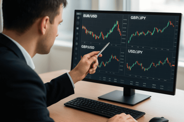 Persona utlizando un broker, la puerta para comprar y vender divisas