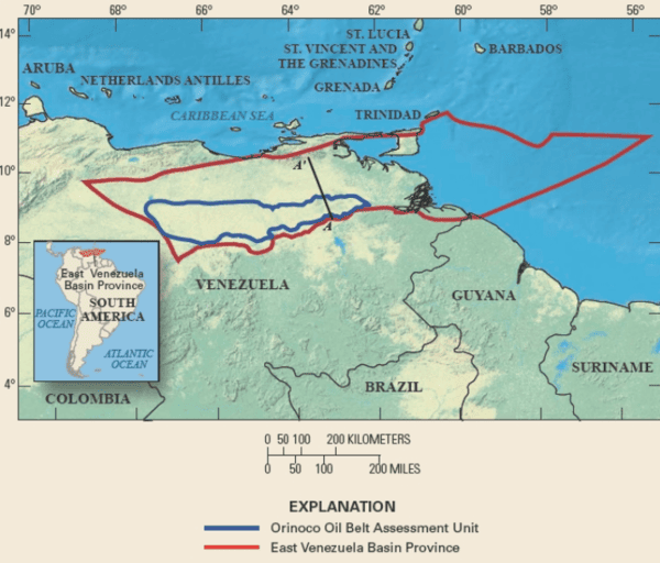 Mapa de la Faja del Orinoco según el Servicio Geológico de los Estados Unidos.