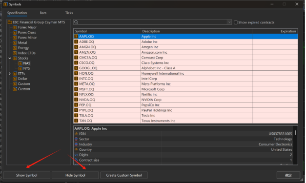 The Show Symbol and Hide Symbol Options