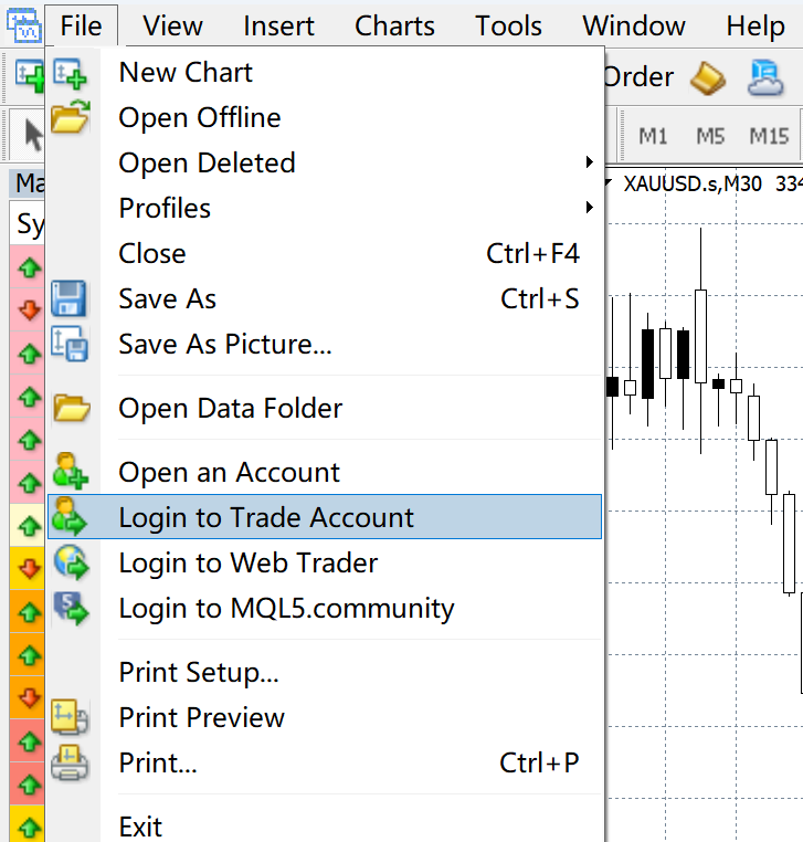 The Login to Trade Account Option