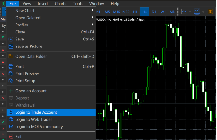 The Login to Trade Account Option