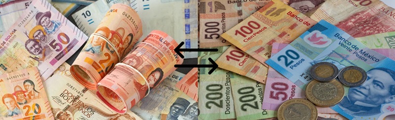 Billetes del boliviano y peso mexicano
