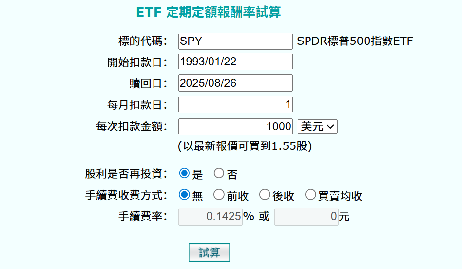 美股ETF定期定額投資試算