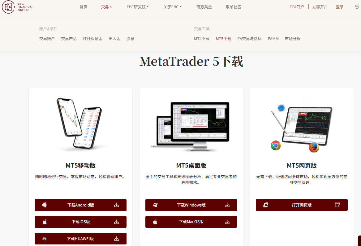 EBC交易平台MT5下载页面