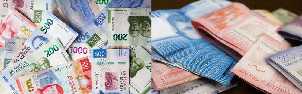 Billetes de pesos chilenos y pesos mexicanos