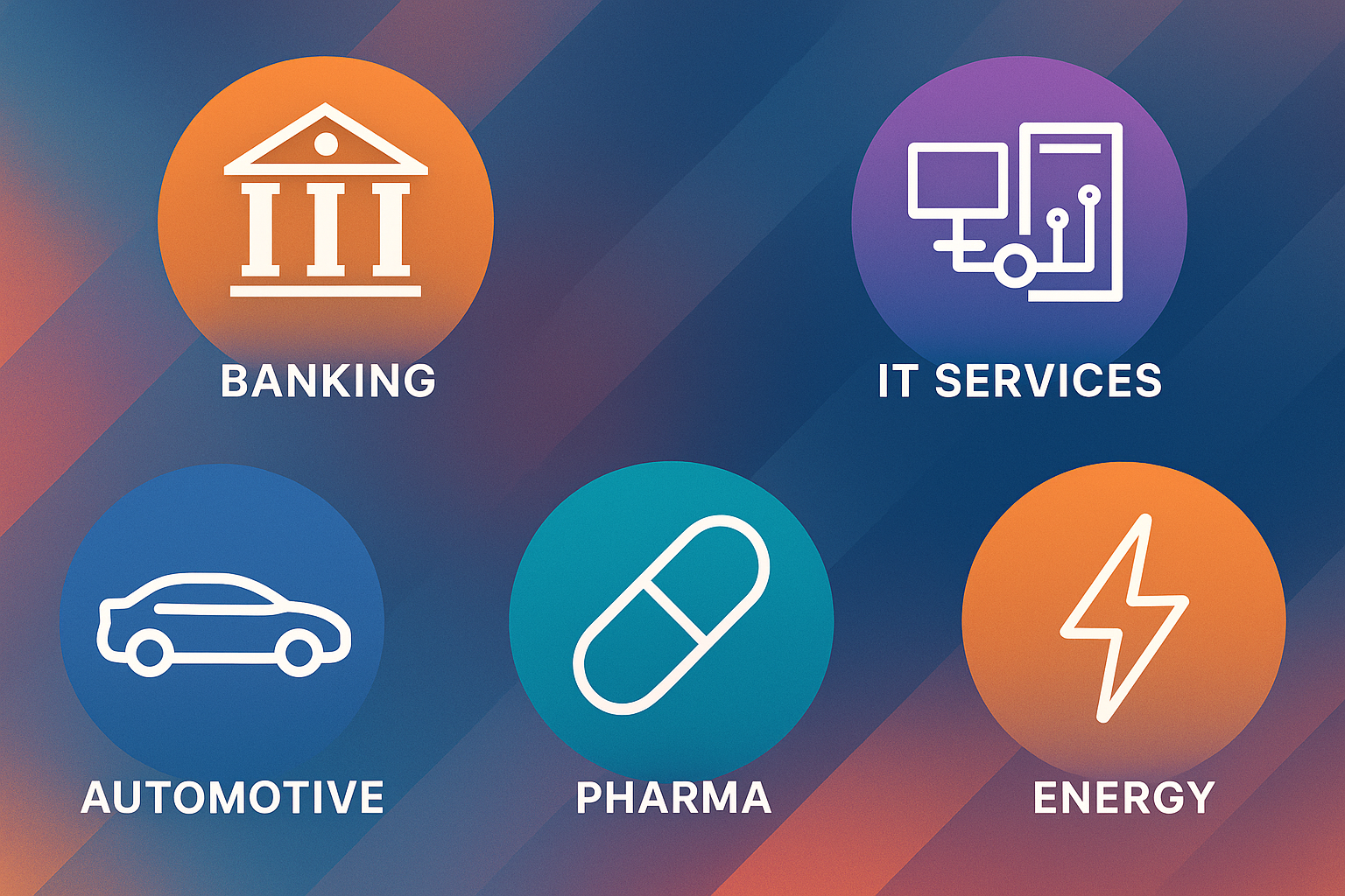 Icons that symbolise banking, automotive, pharma, energy, and IT services