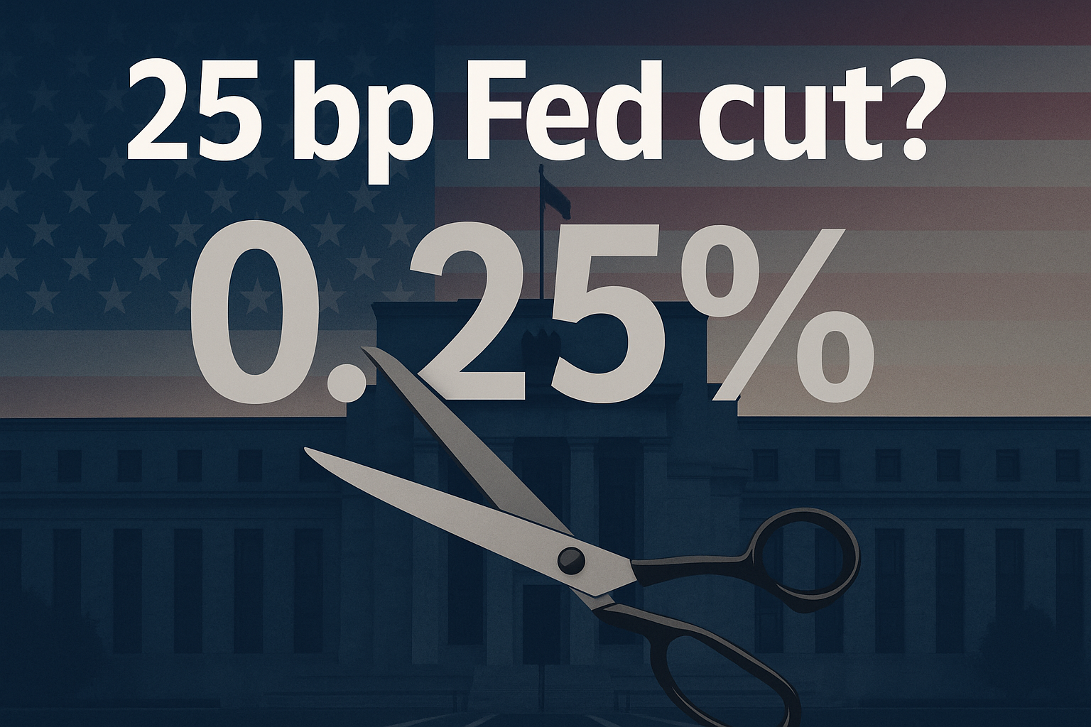 Scissors shown with US Fed Office to indicate 25 bp cut