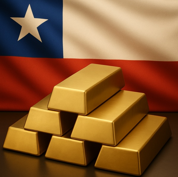 Bandera de Chile junto a lingotes de oro