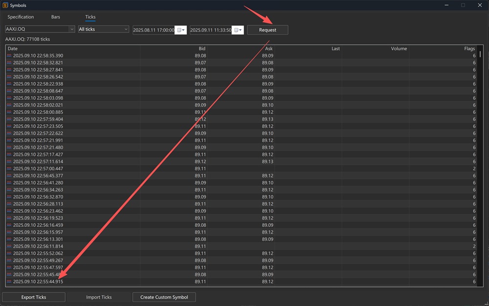 Click Request and then Click Export Ticks