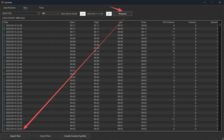 Click Request and then click Export Bars