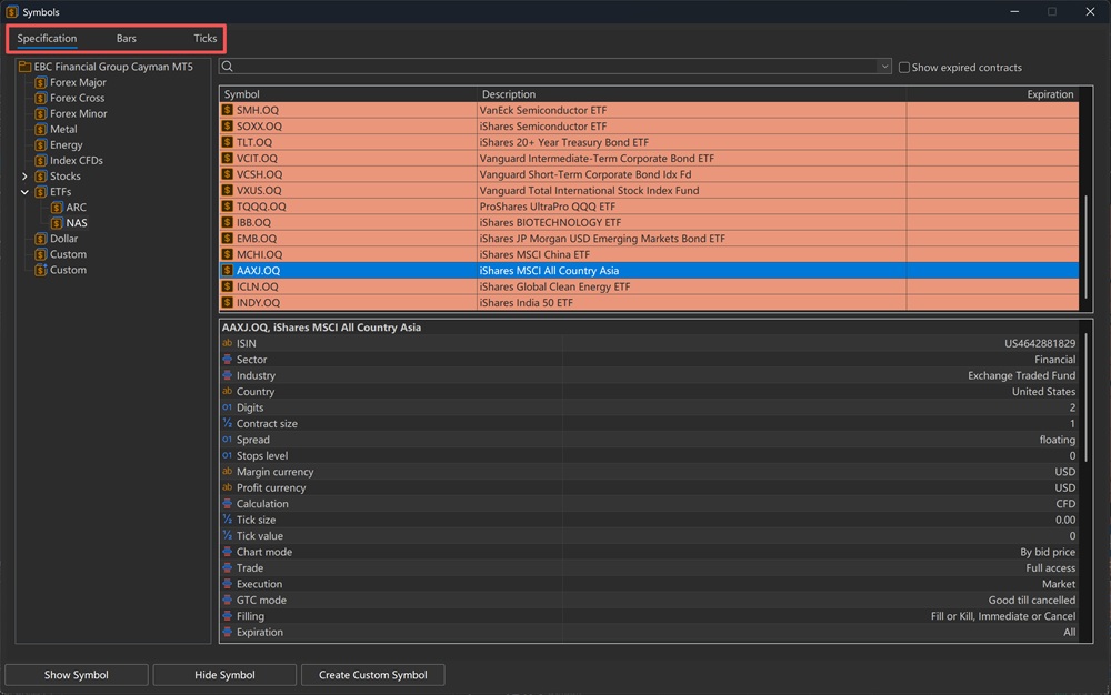 The Three Tabs - Specification, Bars, and Ticks