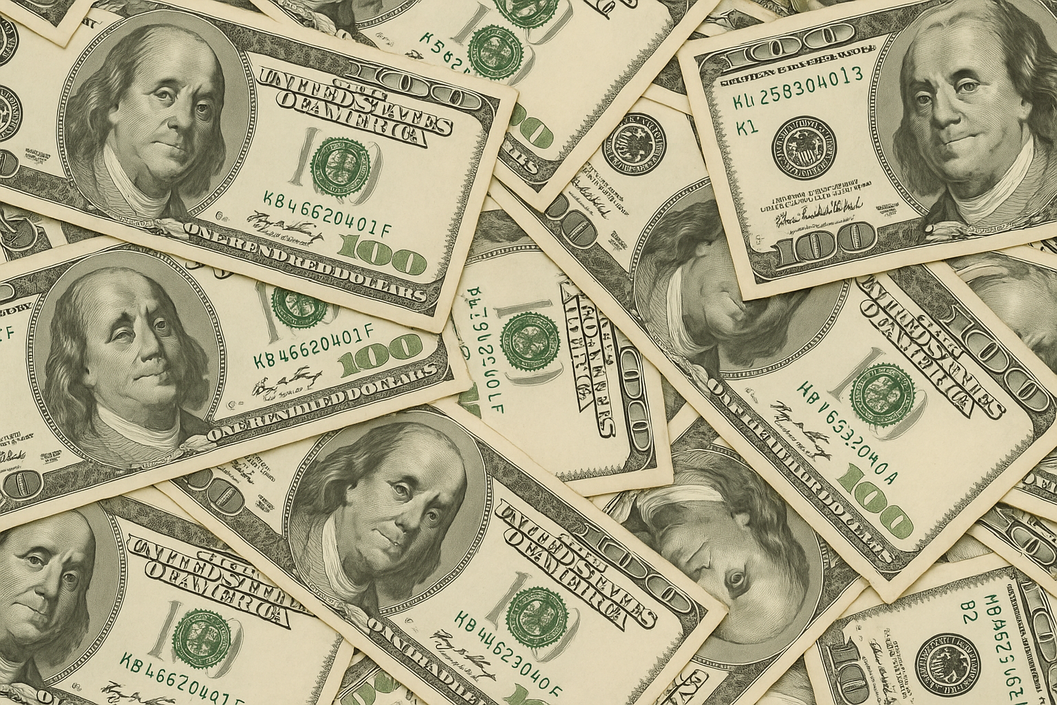 US Dollar bills strewn on a flat surface.