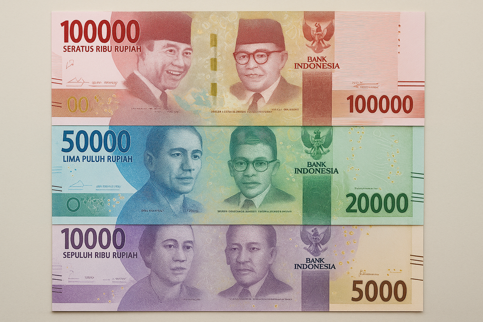 Indonesian Rupiah notes laying flat.
