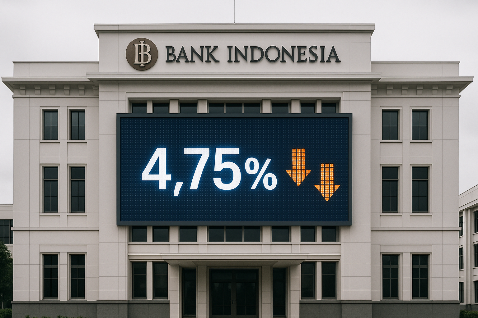 The Bank Indonesia building with an LED screen showing 4.75%.