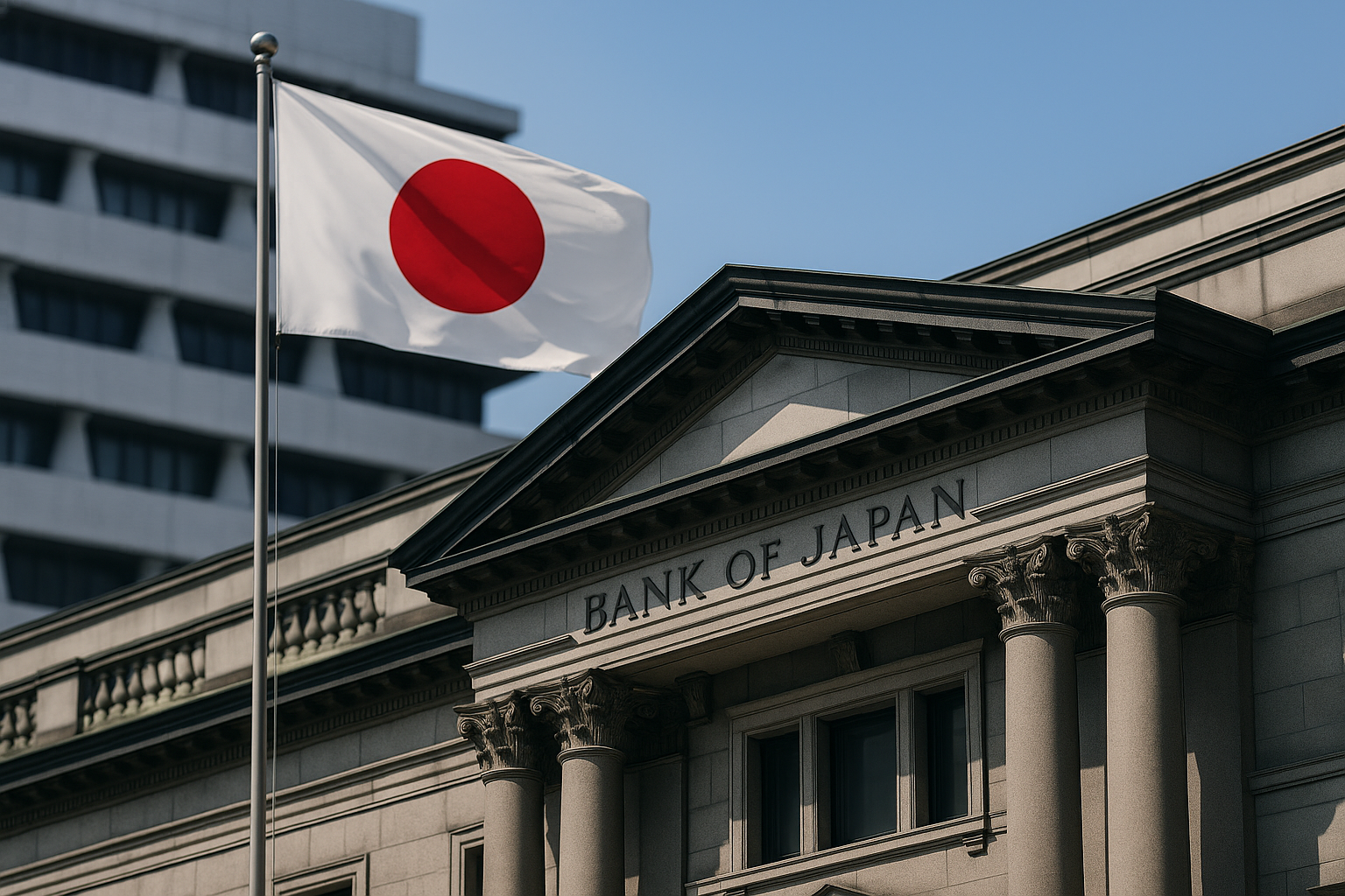 The flag of Japan next to the Bank of Japan