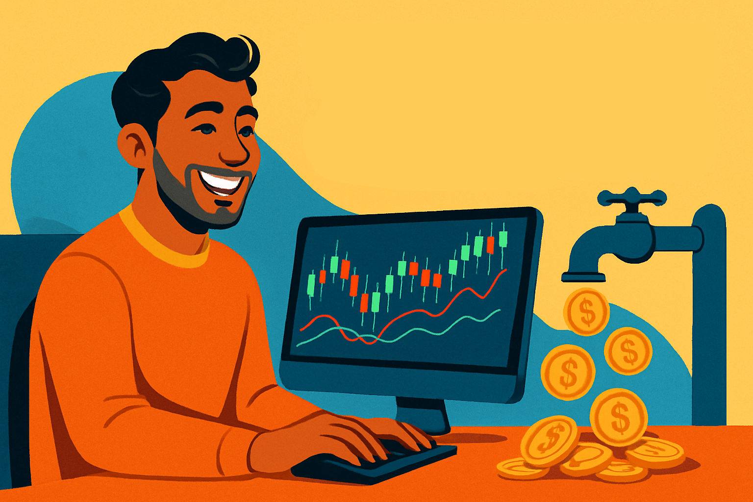 Illustration of a happy trader next to a tap of flowing coins