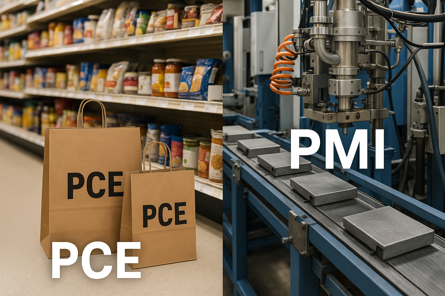 Supermarket on the left showing PCE, and a factory line on the right showing PMI
