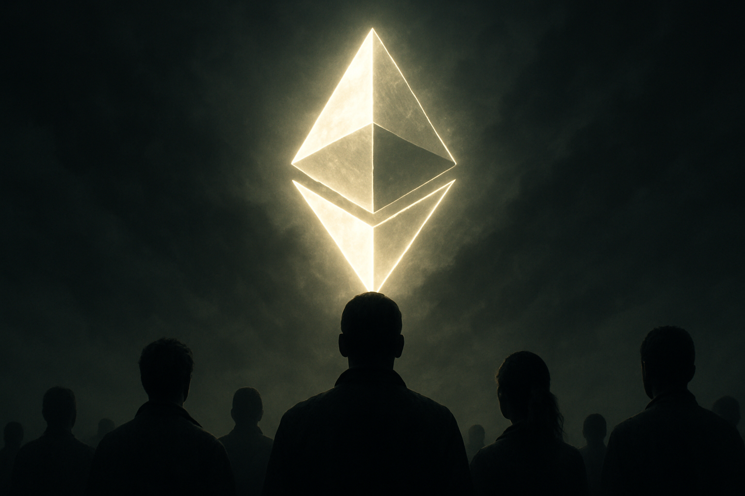Illustration of people looking at ETH's glowing logo
