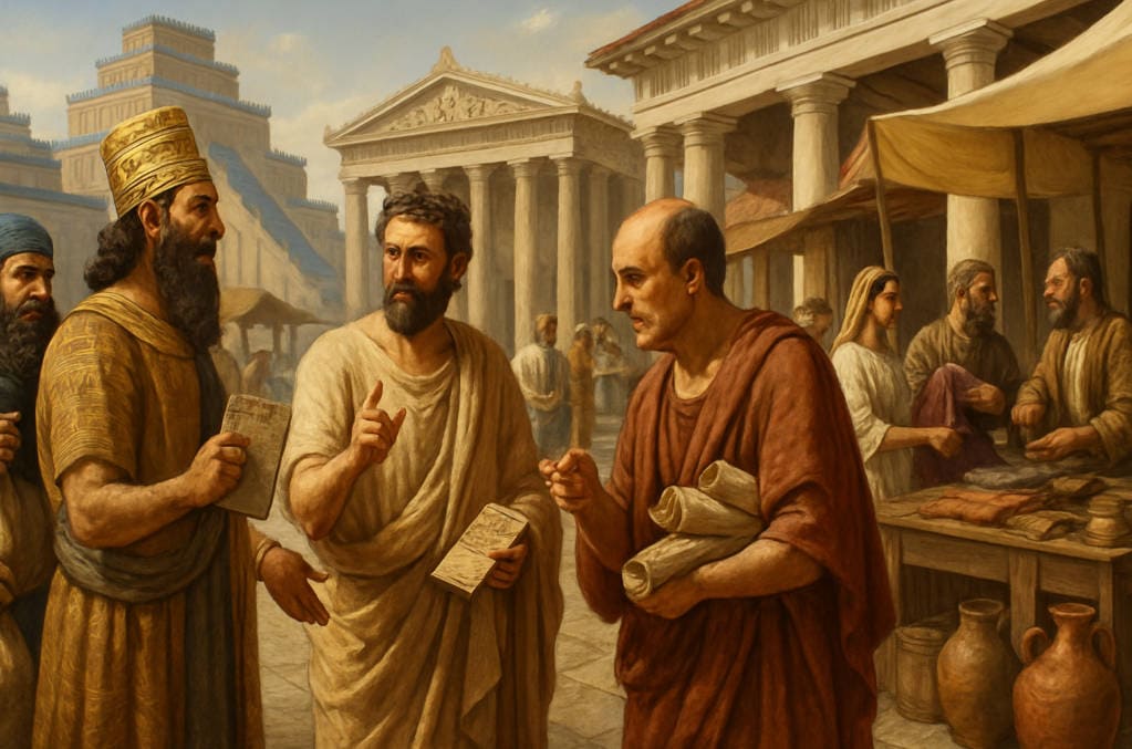 Ancient merchants trading in Babylon, Greece, and Rome.