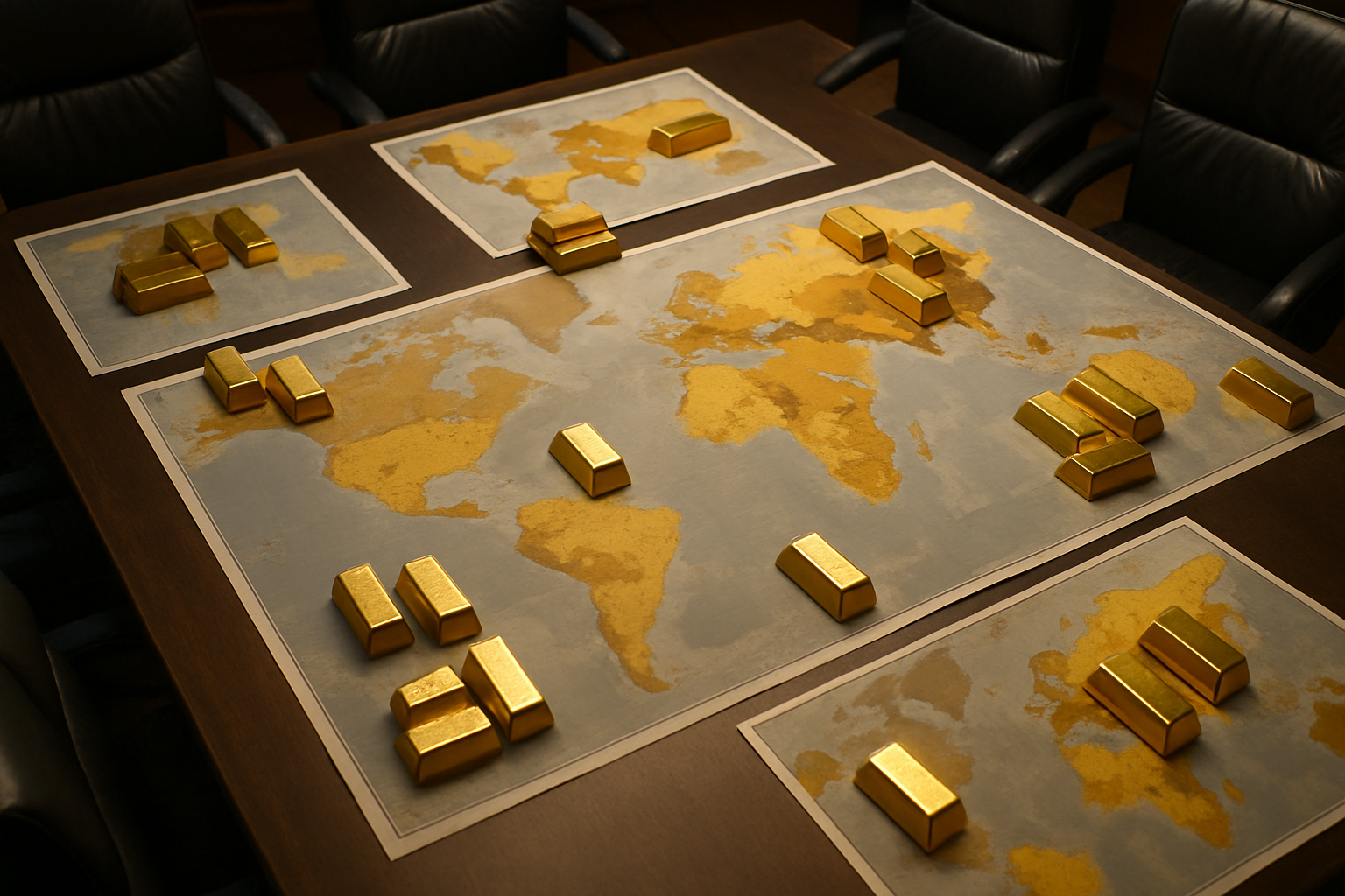 Illustration of a Central Bank Meeting Room with a World Map and Gold Bars on Table