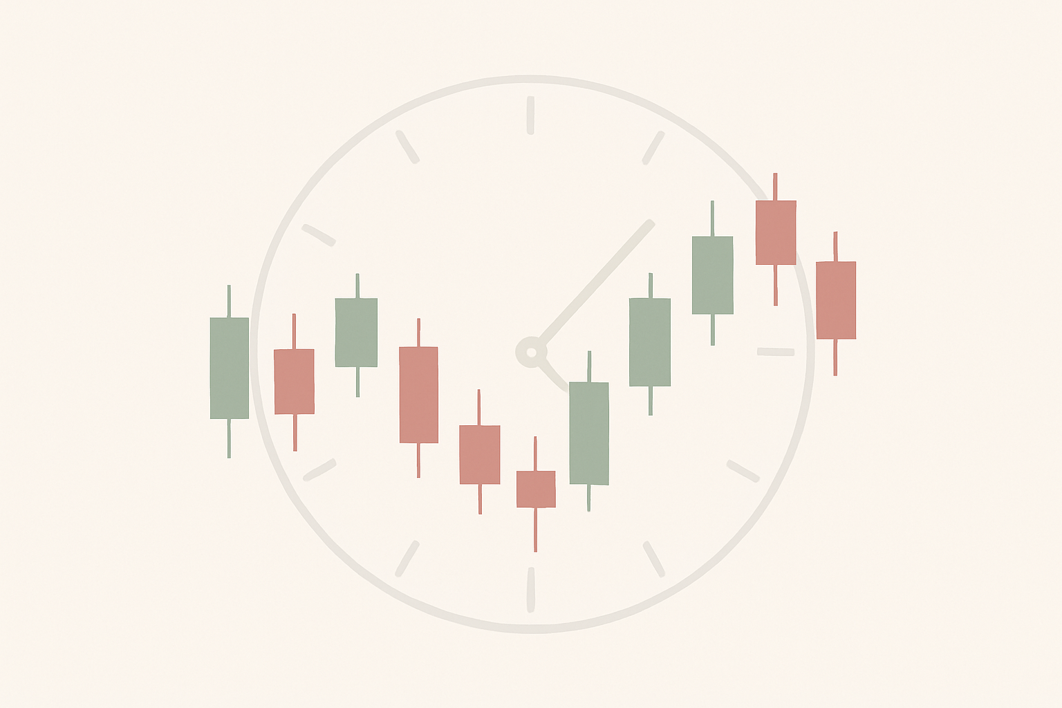 Illustration of a candlestick chart with a clock behind it