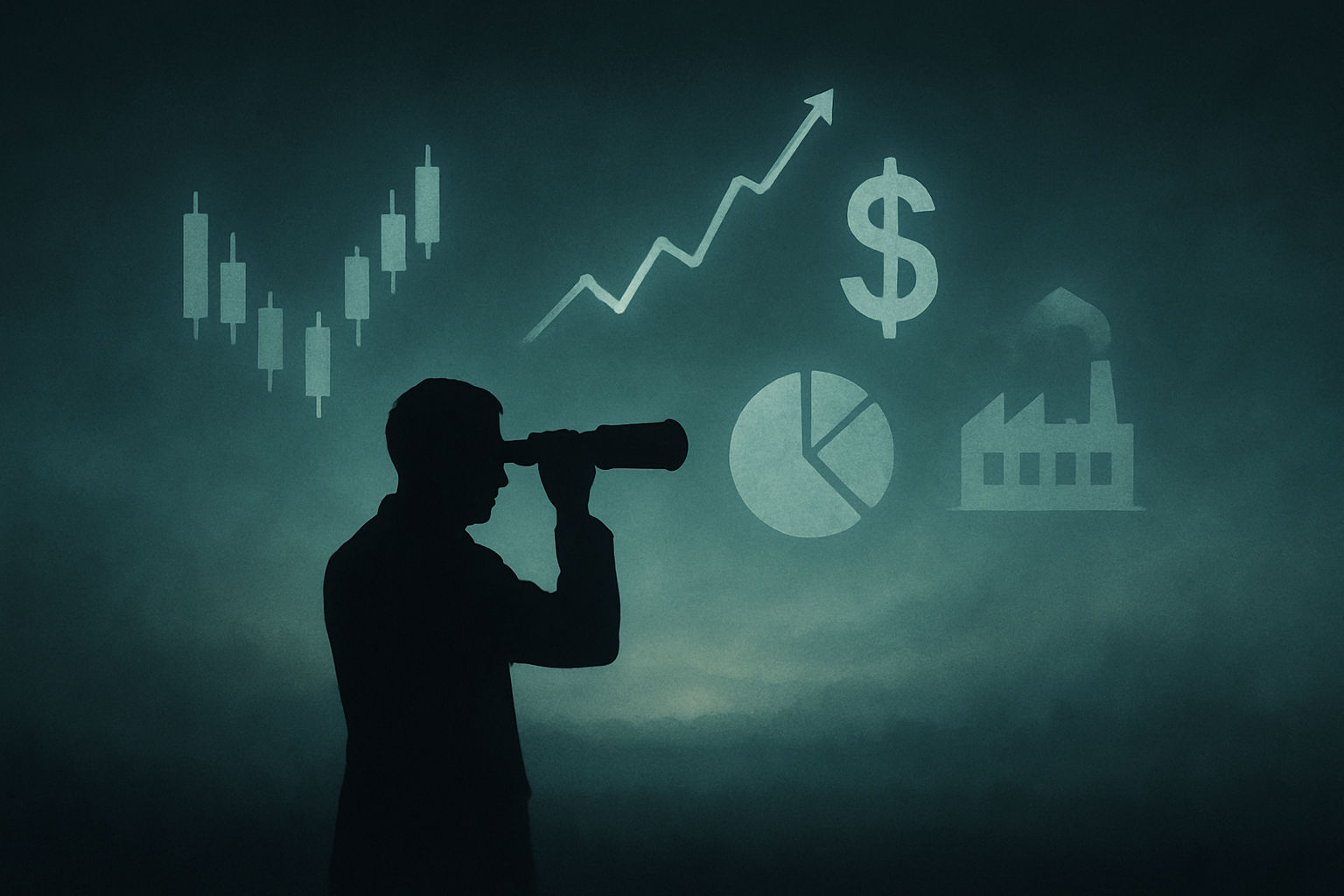 Illustration of man using a telescope to look into the economic future