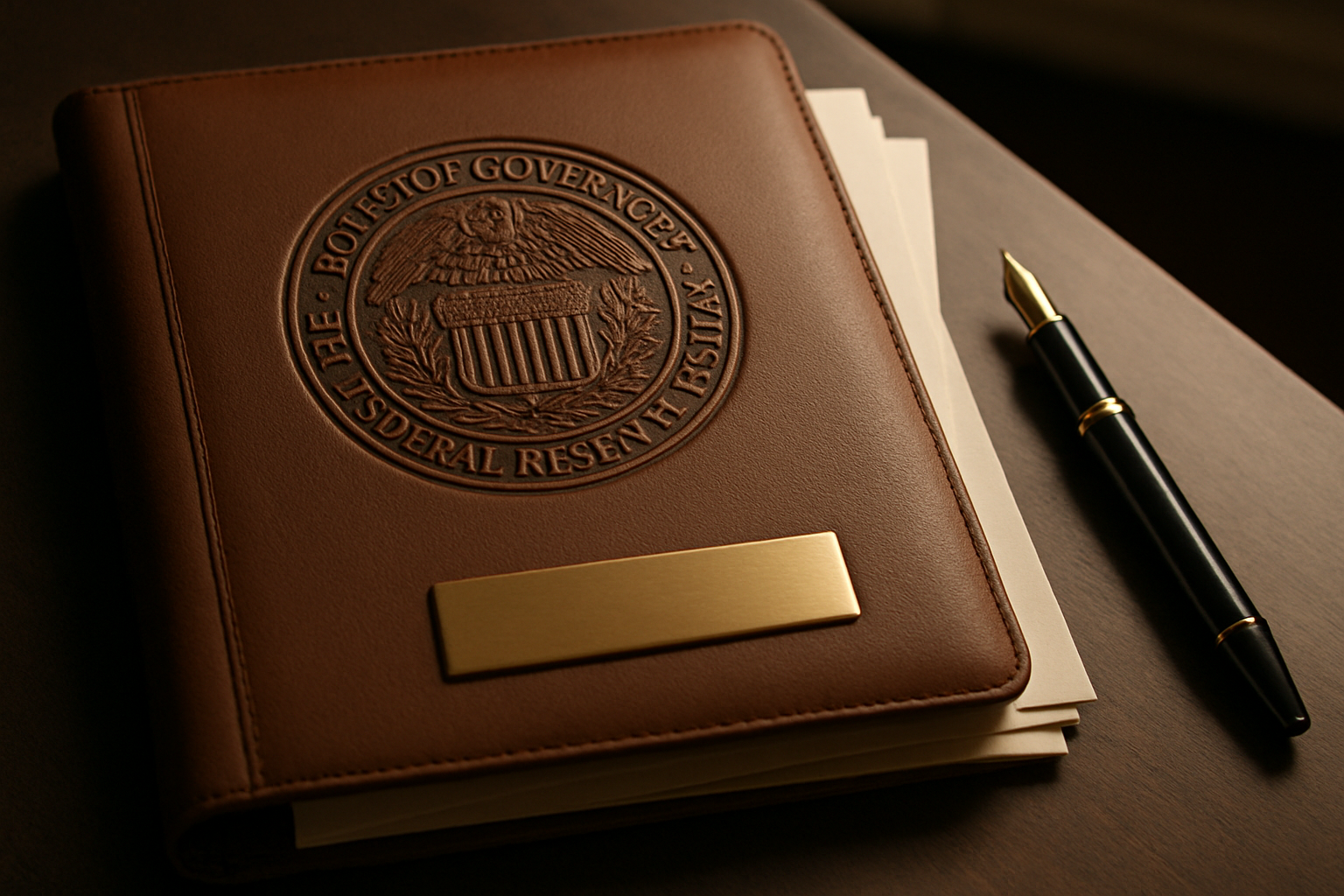 Closeup of a notebook witht he US Federal Reserve logo on it