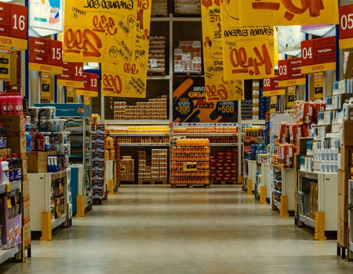 A supermarket aisle filled with diverse everyday commodities.