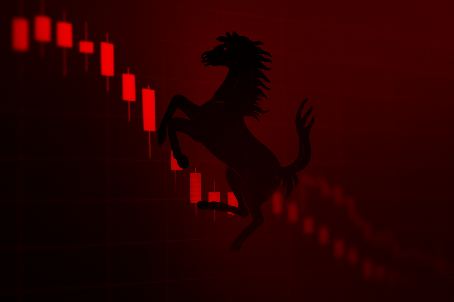 Ferrari horse symbol with a red trading chart in the background